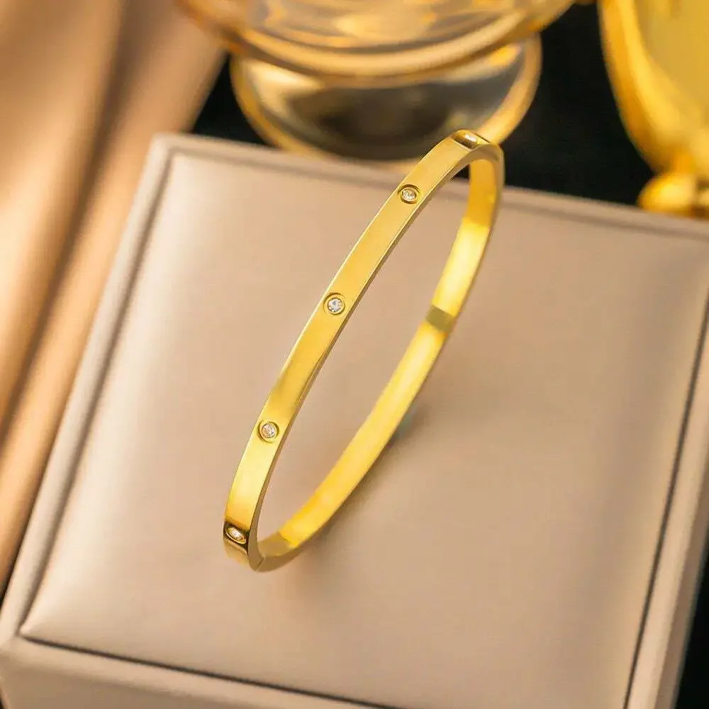 Slim Hinged Bangle Bracelet with 5 Cubic Zirconia Stones, 18K Gold Plated